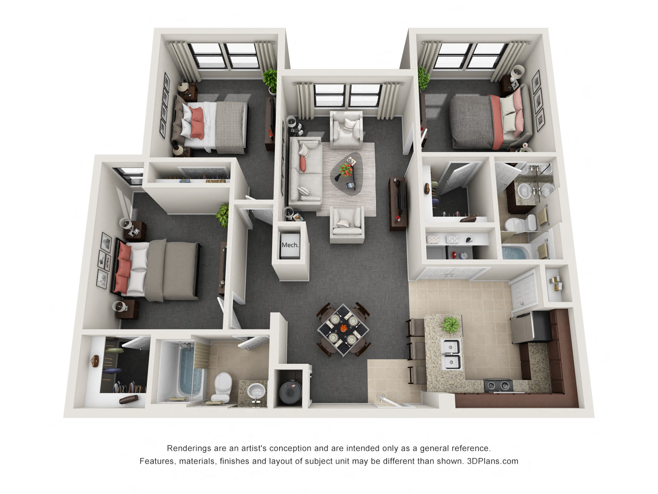 Floor plan for 3 beds, 2 baths, 1137 sqft